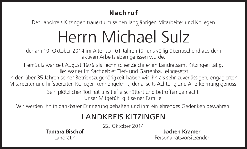  Traueranzeige für Michael Sulz vom 22.10.2014 aus MGO