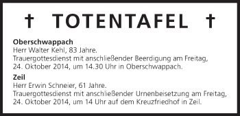 Anzeige von Totentafel vom 22.10.2014 von MGO