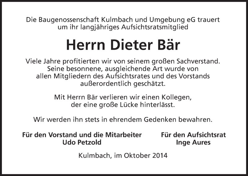  Traueranzeige für Dieter Bär vom 23.10.2014 aus MGO