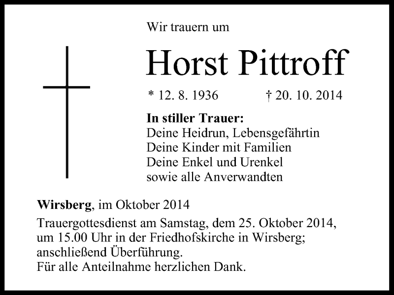  Traueranzeige für Horst Pittroff vom 23.10.2014 aus MGO