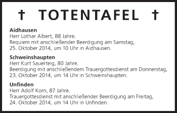 Anzeige von Totentafel vom 23.10.2014 von MGO