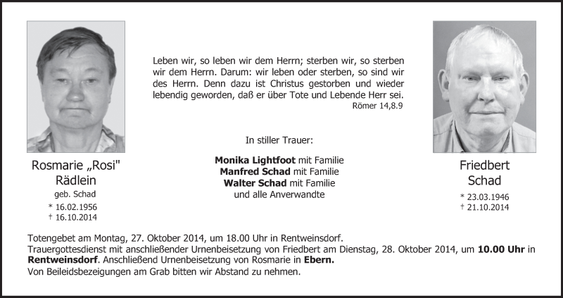  Traueranzeige für Rosmarie und Friedbert  vom 25.10.2014 aus MGO