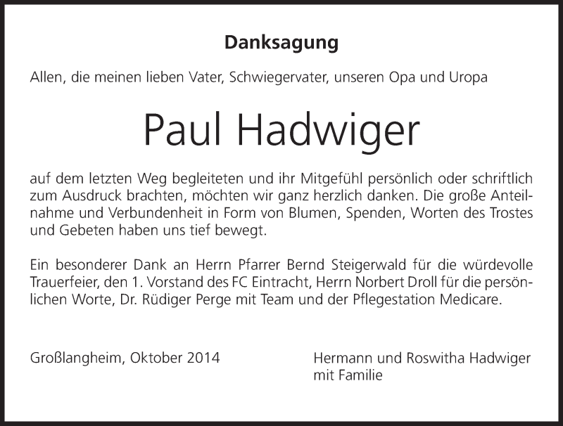  Traueranzeige für Paul Hadwiger vom 25.10.2014 aus MGO
