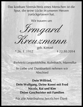 Anzeige von Irmgard Kreuzmann von MGO