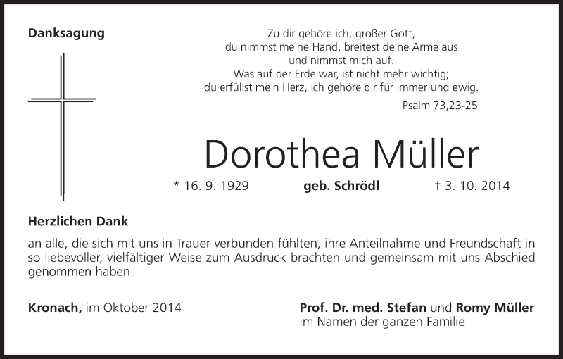  Traueranzeige für Dorothea Müller vom 25.10.2014 aus MGO