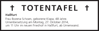 Anzeige von Totentafel, vom 25.10.2014 von MGO