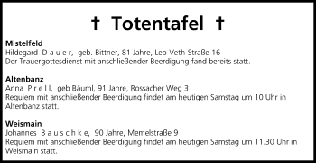 Anzeige von Totentafel, vom 25.10.2014 von MGO