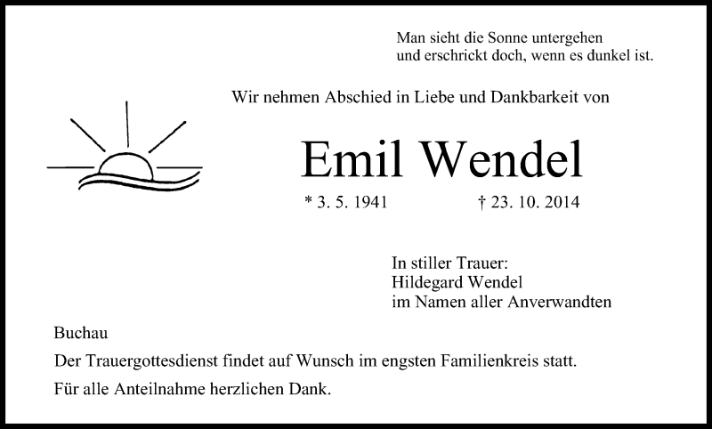  Traueranzeige für Emil Wendel vom 25.10.2014 aus MGO