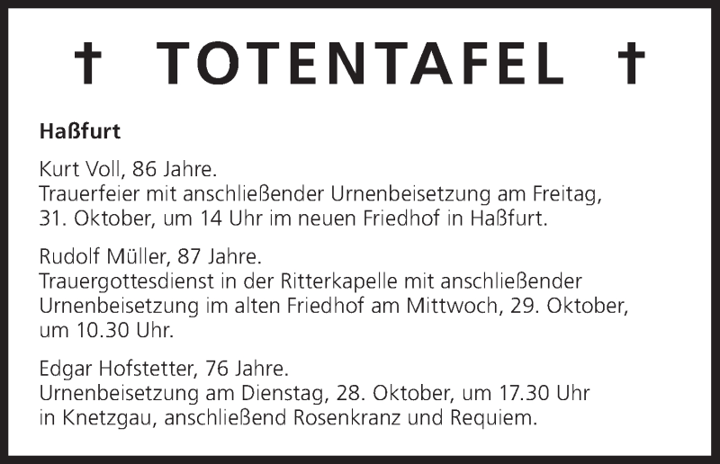  Traueranzeige für Totentafel vom 27.10.2014 vom 27.10.2014 aus MGO