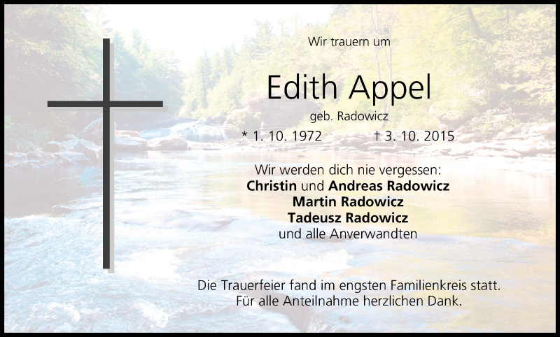  Traueranzeige für Edith Appel vom 10.10.2015 aus MGO