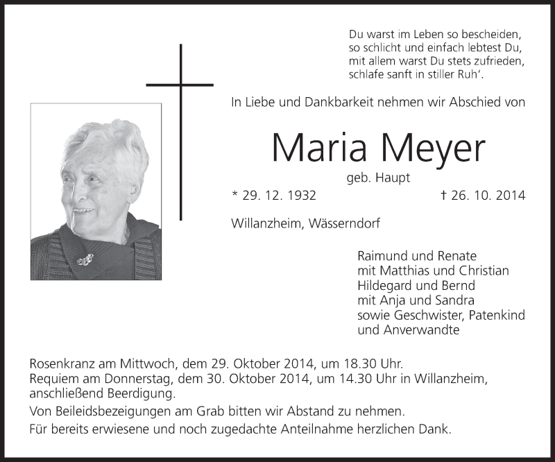 Traueranzeige für Maria Meyer vom 28.10.2014 aus MGO