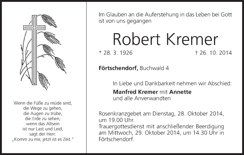  Traueranzeige für Robert Kremer vom 28.10.2014 aus MGO
