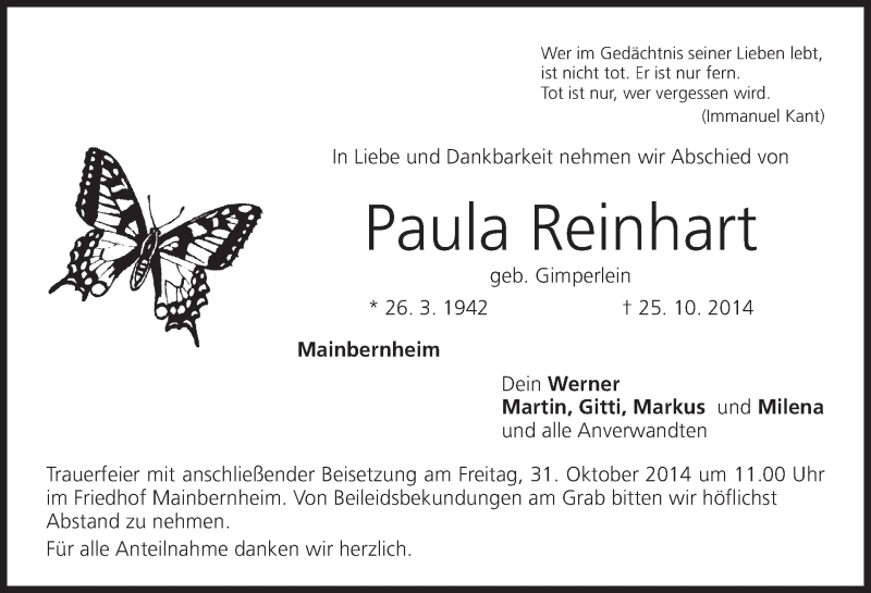  Traueranzeige für Paula Reinhart vom 28.10.2014 aus MGO