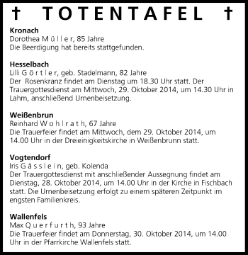 Anzeige von Totentafel vom 28.10.2014 von MGO