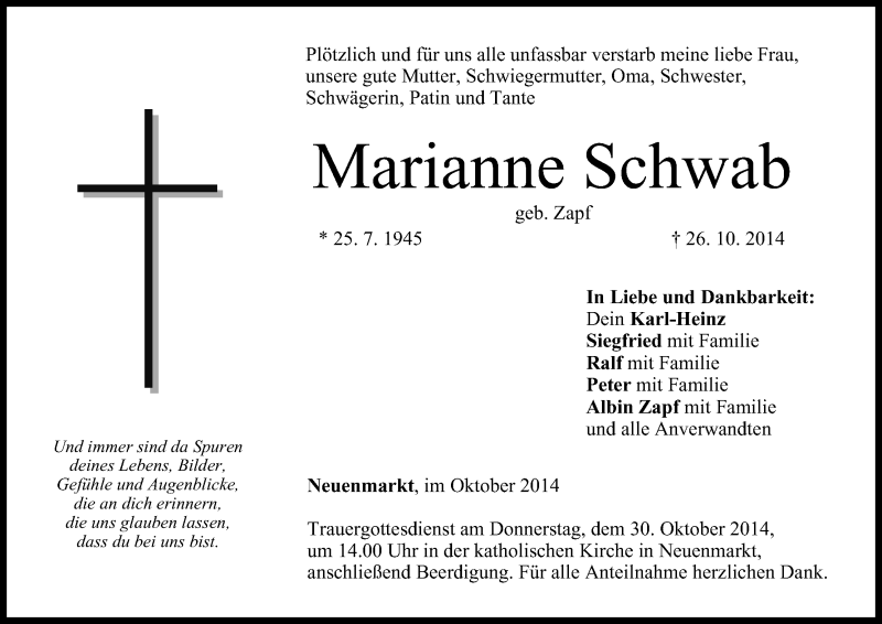  Traueranzeige für Marianne Schwab vom 29.10.2014 aus MGO