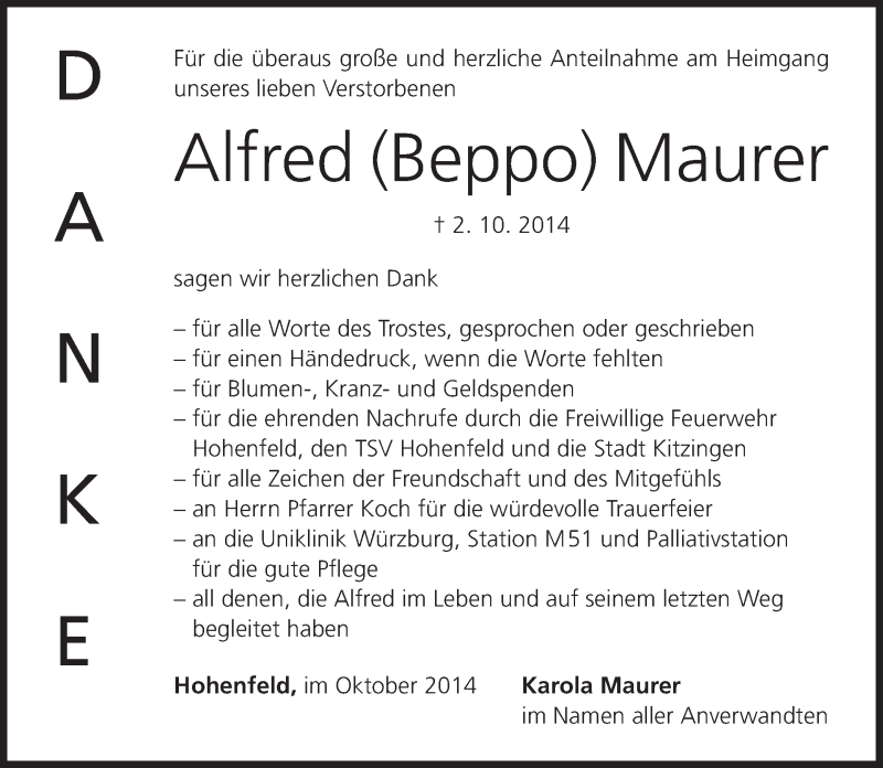  Traueranzeige für Alfred Maurer vom 31.10.2014 aus MGO