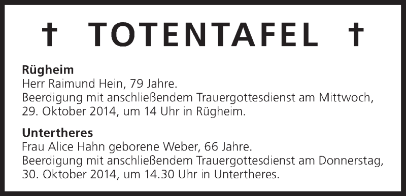  Traueranzeige für Totentafel vom 29.10.2014 vom 29.10.2014 aus MGO