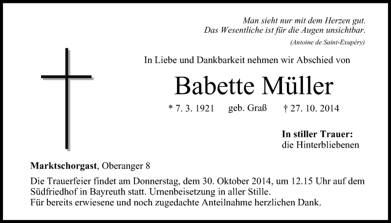  Traueranzeige für Babette Müller vom 29.10.2014 aus MGO