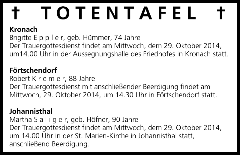  Traueranzeige für Totentafel vom 29.10.2014 vom 29.10.2014 aus MGO