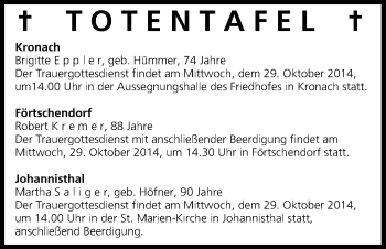 Anzeige von Totentafel vom 29.10.2014 von MGO