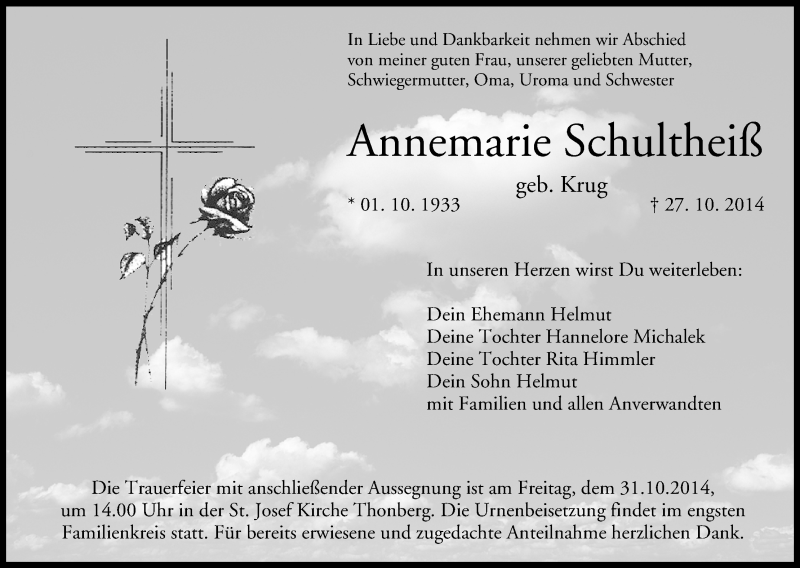  Traueranzeige für Annemarie Schultheiß vom 29.10.2014 aus MGO