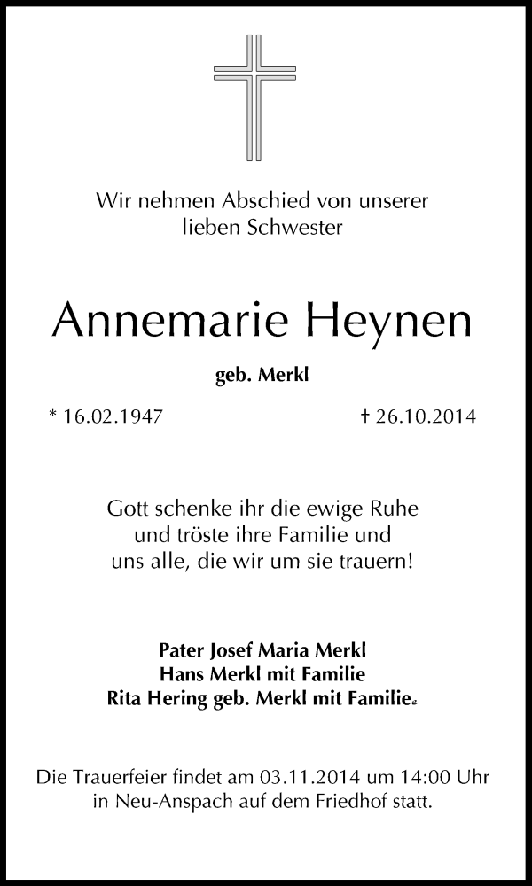  Traueranzeige für Annemarie Heynen vom 31.10.2014 aus MGO