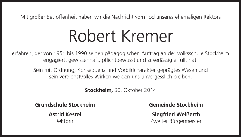  Traueranzeige für Robert Kremer vom 30.10.2014 aus MGO