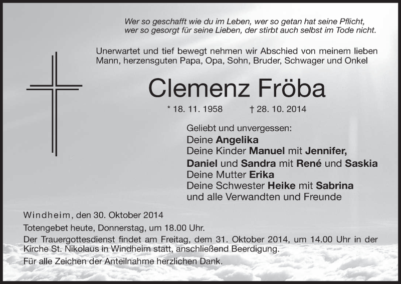  Traueranzeige für Clemenz Fröba vom 30.10.2014 aus MGO