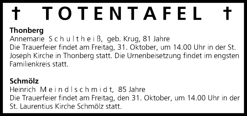  Traueranzeige für Totentafel vom 30.10.2014 vom 30.10.2014 aus MGO