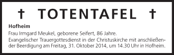 Anzeige von Totentafel vom 31.10.2014 von MGO
