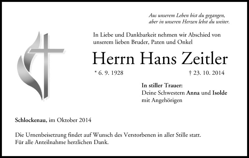  Traueranzeige für Hans Zeitler vom 31.10.2014 aus MGO