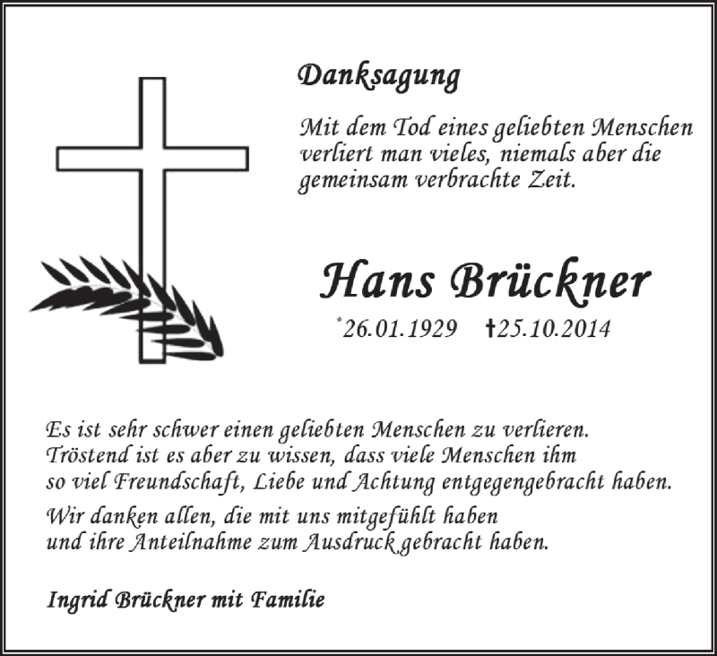  Traueranzeige für Hans Brückner vom 31.10.2014 aus MGO
