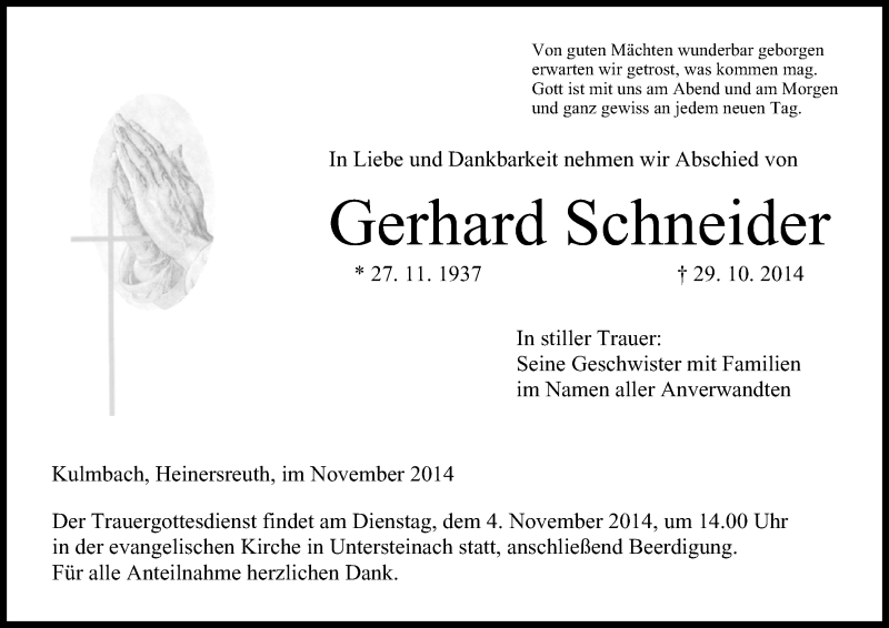  Traueranzeige für Gerhard Schneider vom 03.11.2014 aus MGO