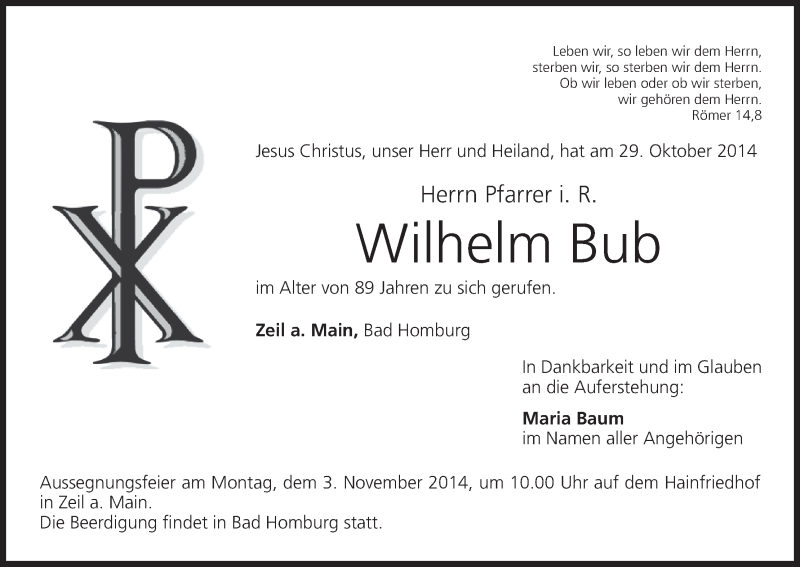  Traueranzeige für Wilhelm Bub vom 31.10.2014 aus MGO