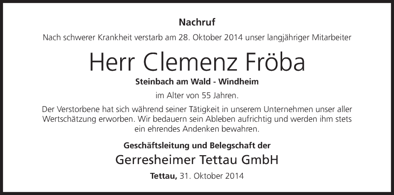  Traueranzeige für Clemenz Fröba vom 31.10.2014 aus MGO