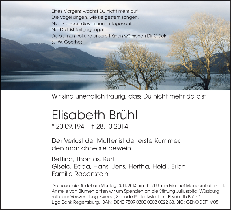  Traueranzeige für Elisabeth Brühl vom 31.10.2014 aus MGO
