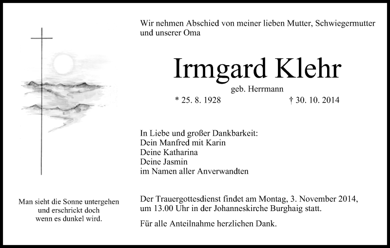  Traueranzeige für Irmgard Klehr vom 31.10.2014 aus MGO