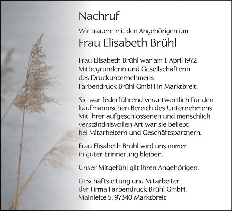  Traueranzeige für Elisabeth Brühl vom 31.10.2014 aus MGO