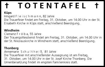 Anzeige von Totentafel vom 31.10.2014 von MGO