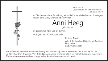 Anzeige von Anni Heeg von MGO