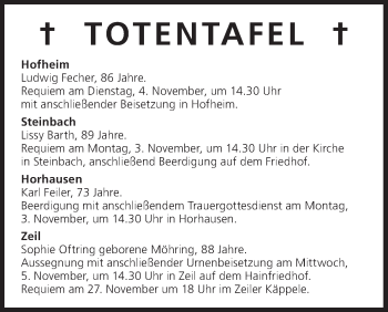 Anzeige von Totentafel vom 03.11.2014 von MGO
