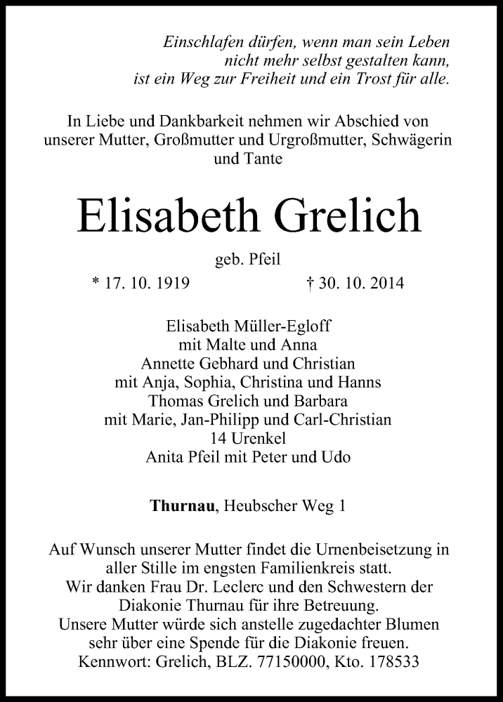  Traueranzeige für Elisabeth Grelich vom 04.11.2014 aus MGO