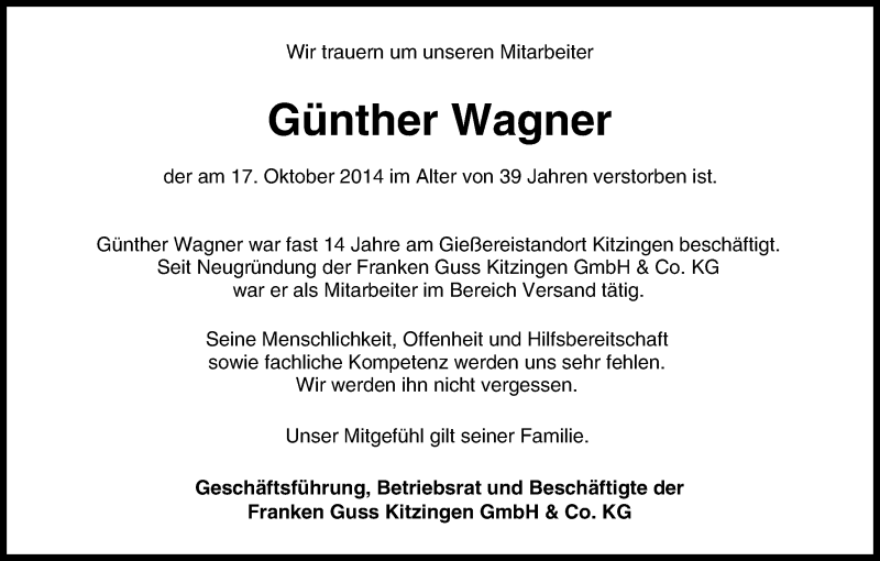  Traueranzeige für Günther Wagner vom 05.11.2014 aus MGO