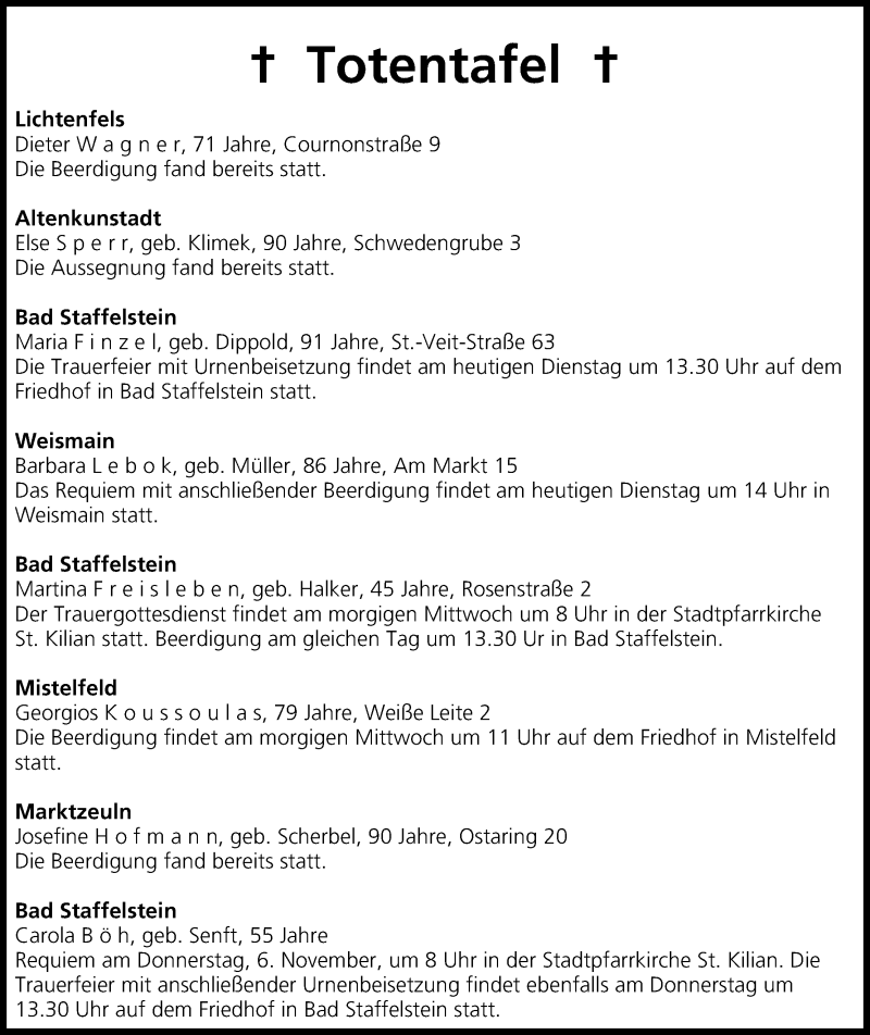  Traueranzeige für Totentafel, vom 04.11.2014 vom 04.11.2014 aus MGO