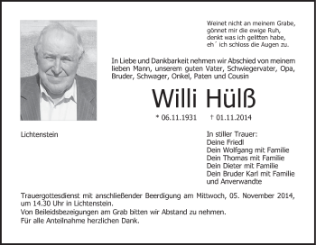 Anzeige von Willi Hülß von MGO