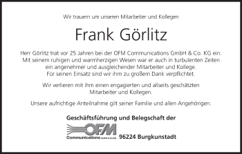 Anzeige von Frank Görlitz von MGO