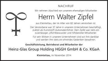 Anzeige von Walter Zipfel von MGO