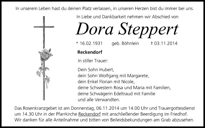  Traueranzeige für Dora Steppert vom 05.11.2014 aus MGO