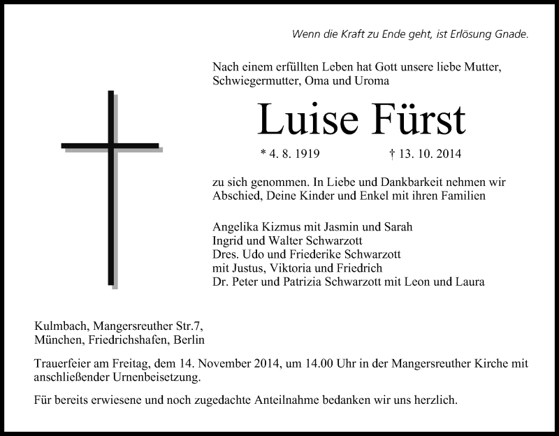  Traueranzeige für Luise Fürst vom 12.11.2014 aus MGO