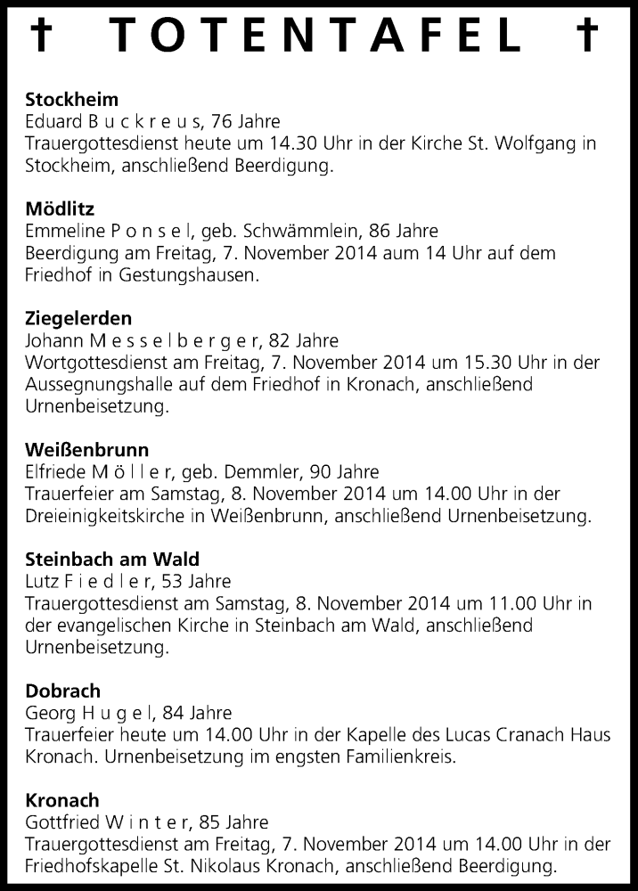 Traueranzeige für Totentafel vom 06.11.2014 vom 06.11.2014 aus MGO
